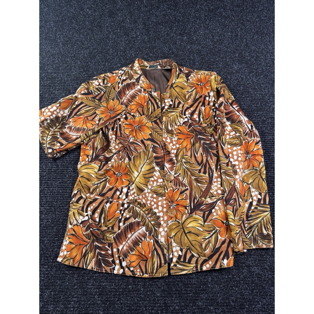 Laura Ashley Women M Tropical Floral Blazer Jacket Orange Brown Retro Cotton